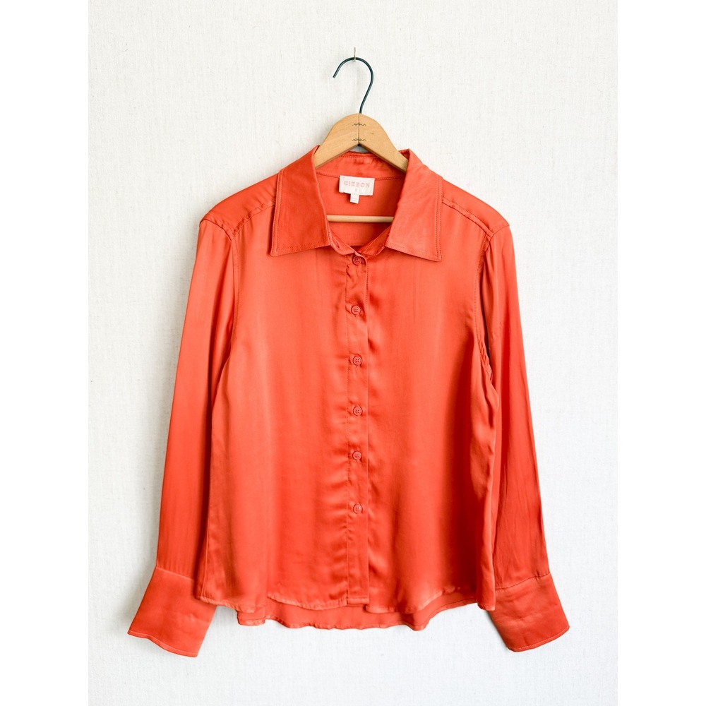 Ciebon Button Down Blouse Satin Finish Long Sleeve Small Orange‎ Professional